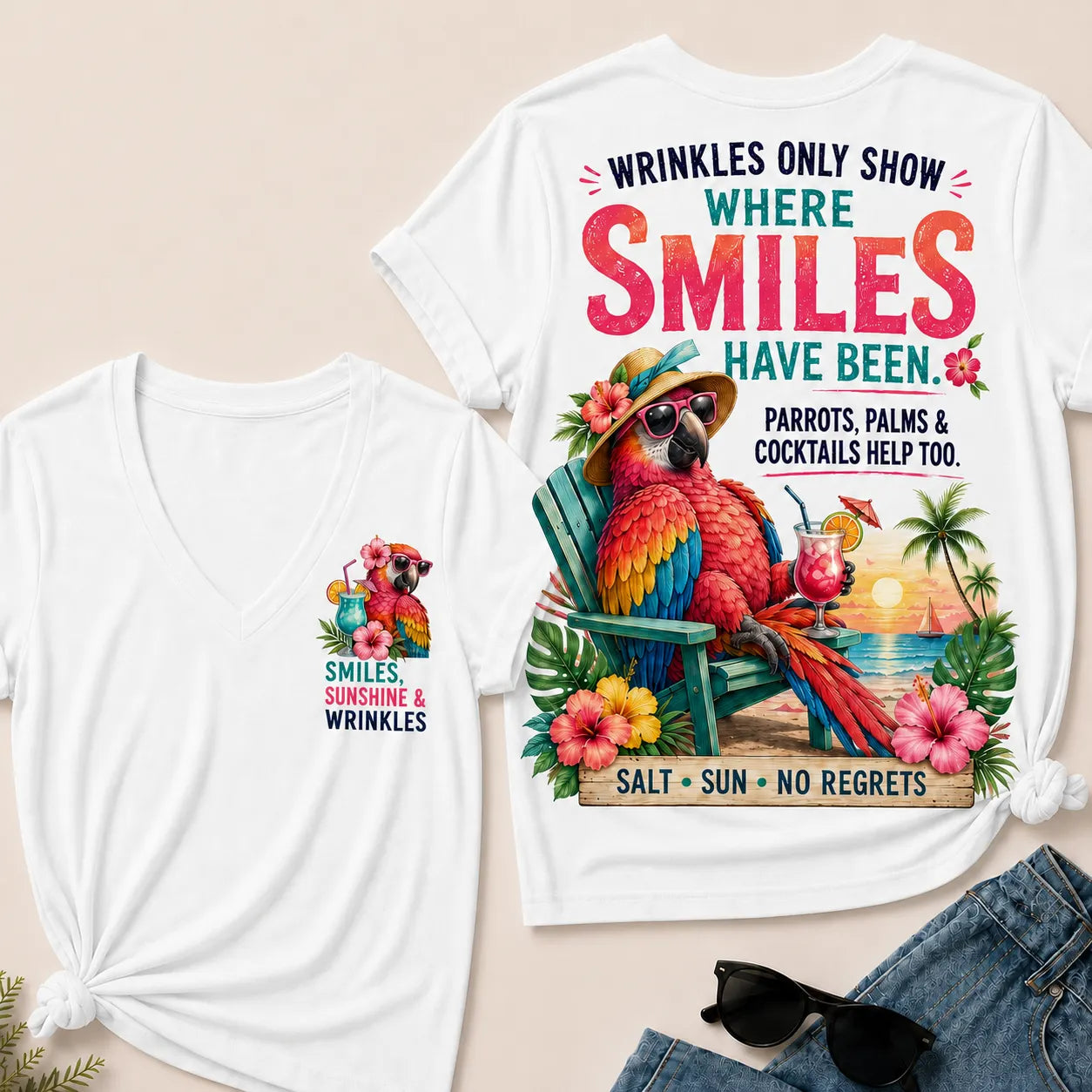 Wrinkles Only Show Where Smiles Have Been Funny Retirement V-Neck Tee For Women – Tropical Parrot Beach Vacation Graphic V-Neck Tee