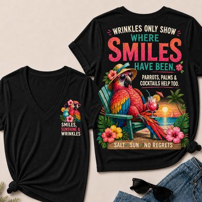 Wrinkles Only Show Where Smiles Have Been Funny Retirement V-Neck Tee For Women – Tropical Parrot Beach Vacation Graphic V-Neck Tee